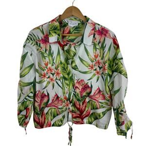 Marc New York Womens Floral Button Up‎ Cropped Tie Waist Blouse Large Tropical